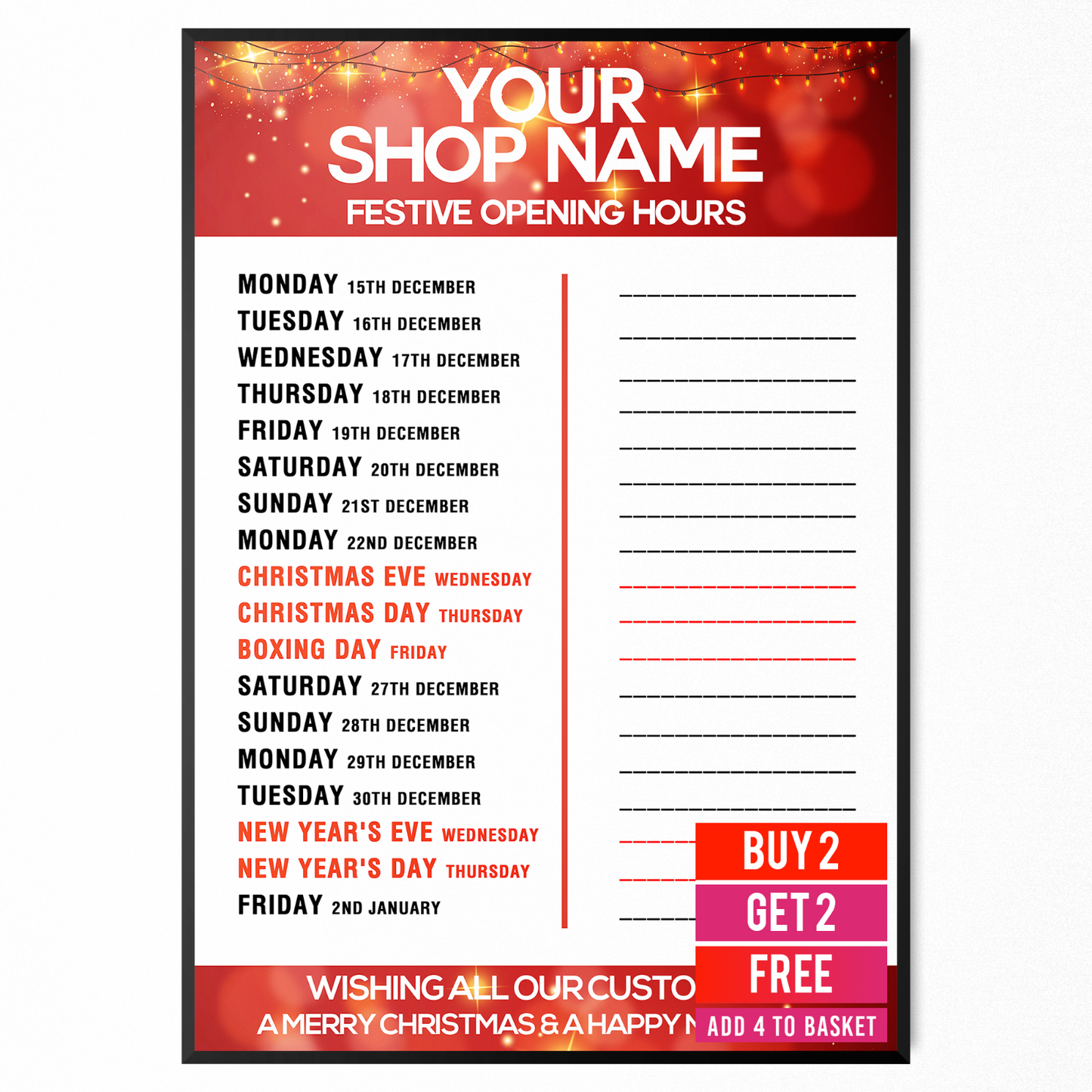 Christmas 2025 Opening Hours Posters Xmas Business Opening Times Signs A5 A4 A3