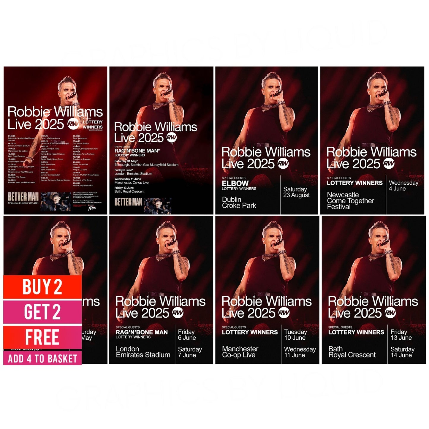 Robbie Williams Live 2025 Music Posters Concert Tour Dates For Robbie Fans A5-A3