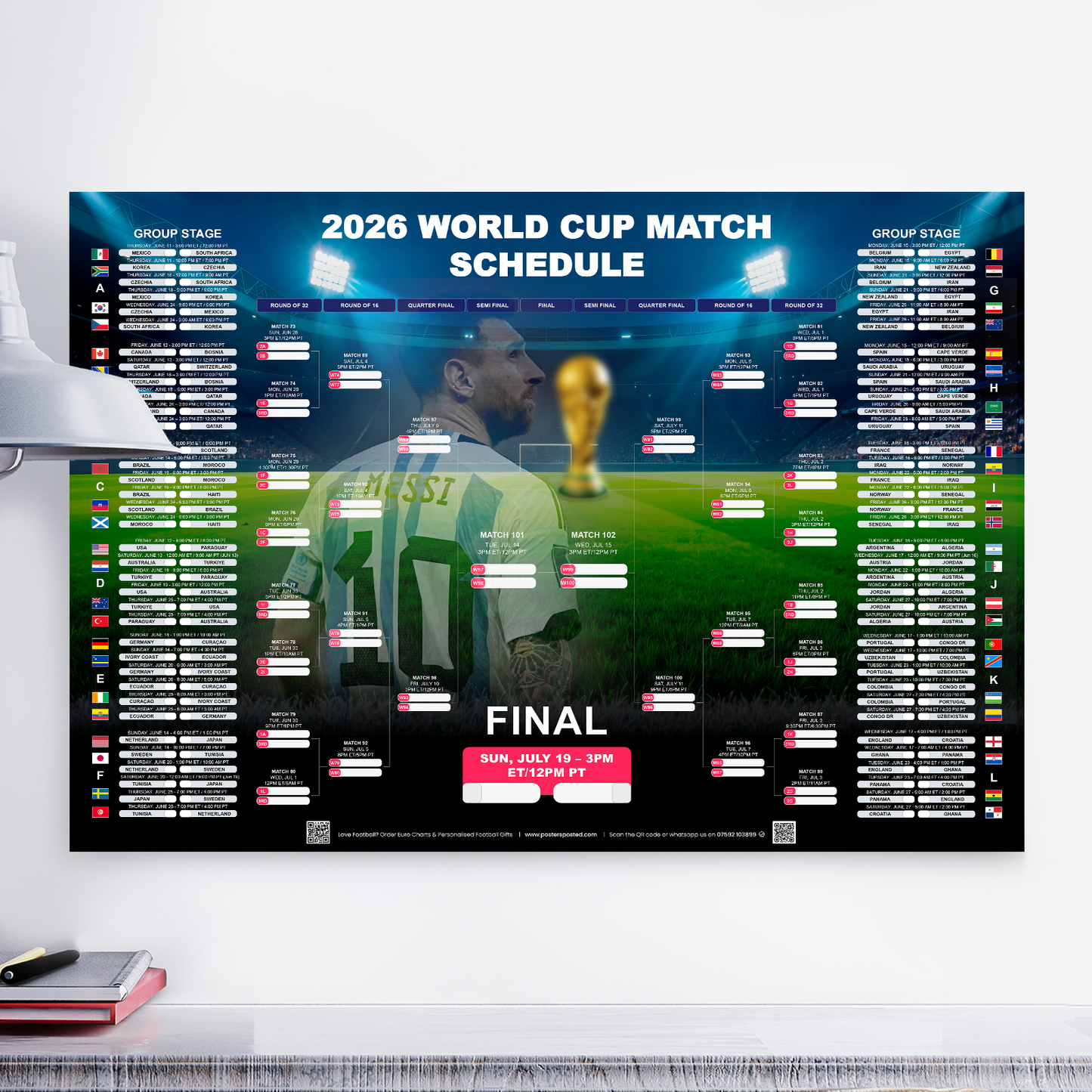 Football World Cup 2026 Poster Messi Edition Wall Chart + FREE A4 FLAG POSTER