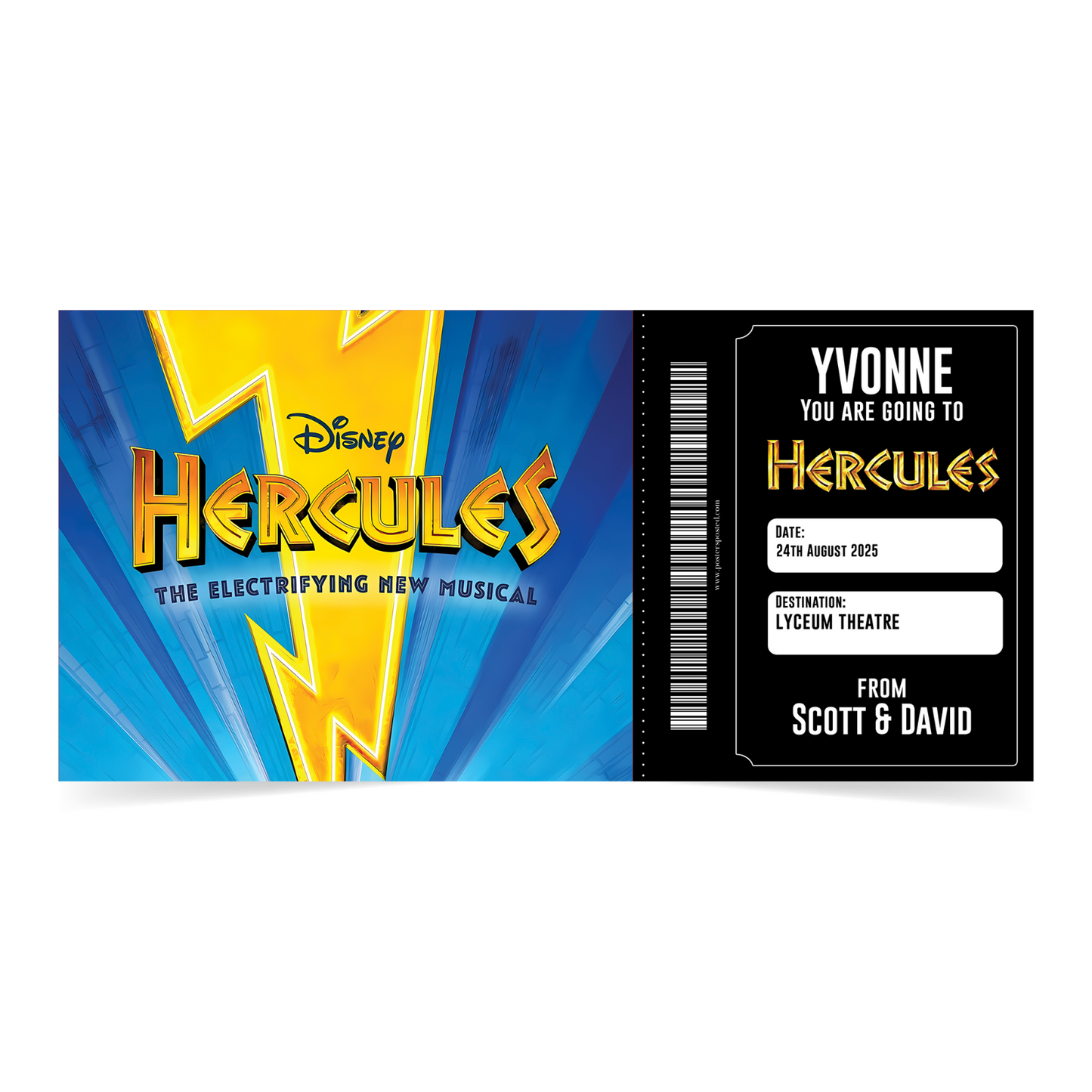 Hercules Musical Theatre Ticket Musical Gift Voucher Surprise Personalised Gift