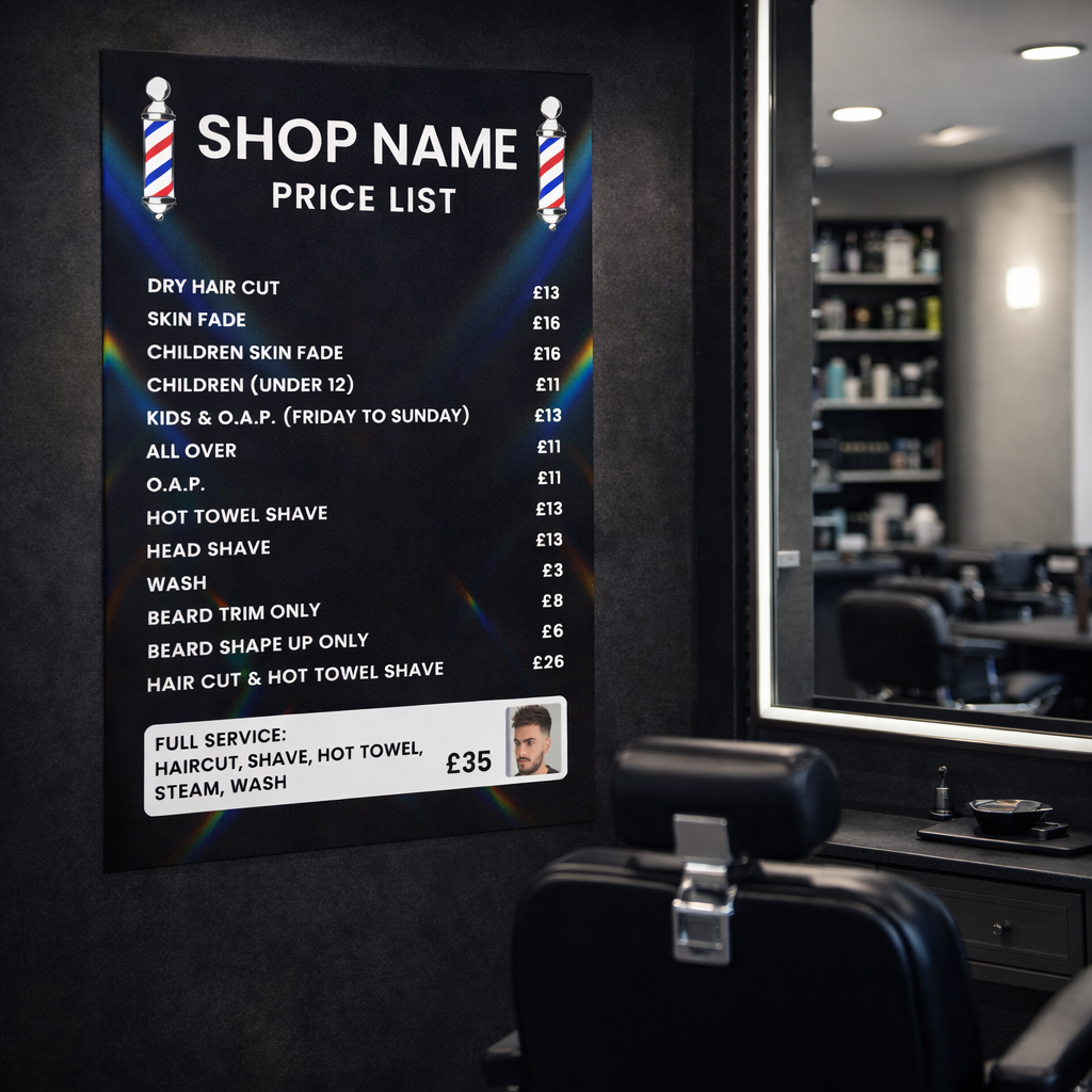 Barber Shop Price List Personalised Poster Sticker Sign Vinyl Wall Decal A5-A3