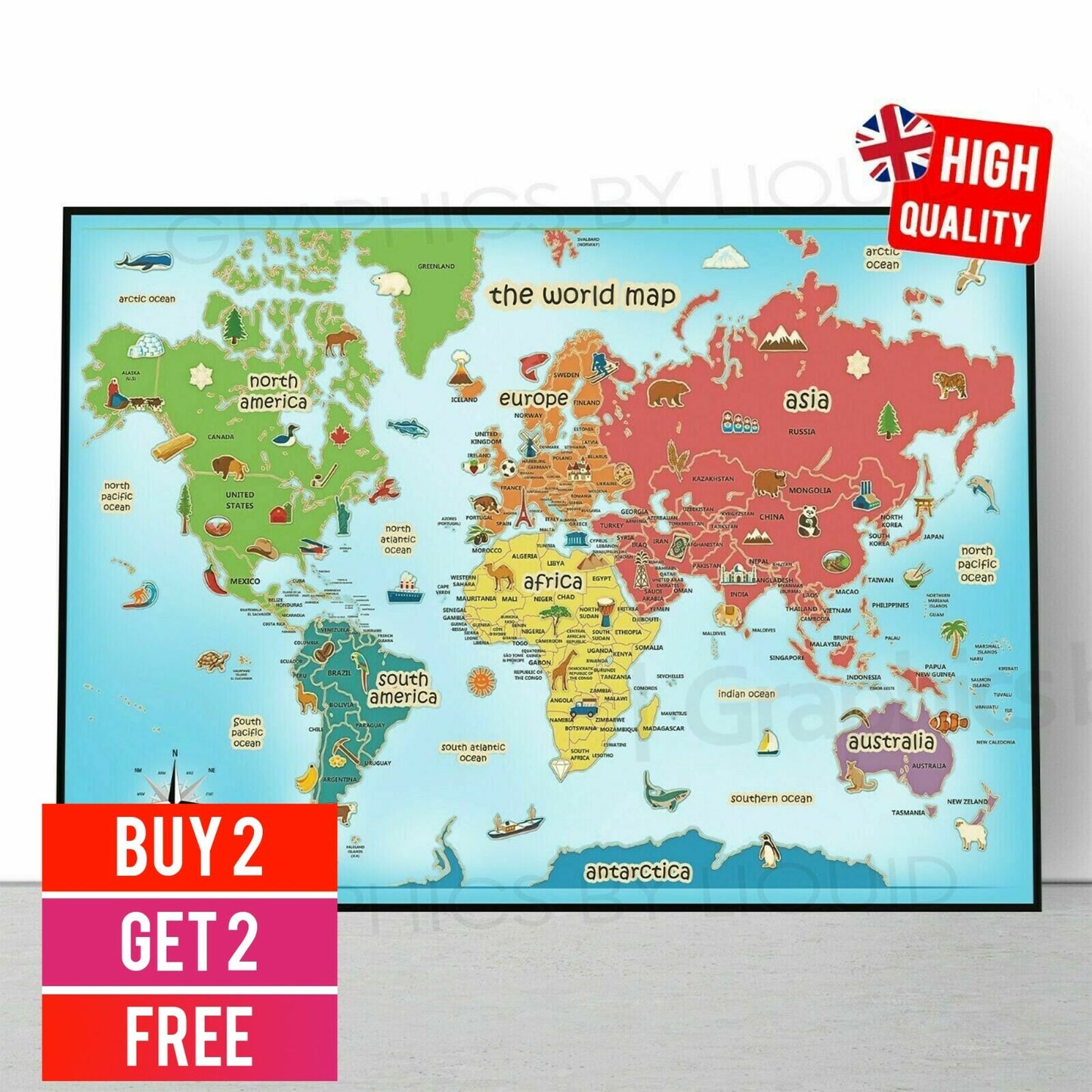 KIDS ANIMAL EDUCATIONAL MAP OF THE WORLD | A5 A4 A3 | Poster Print Decal