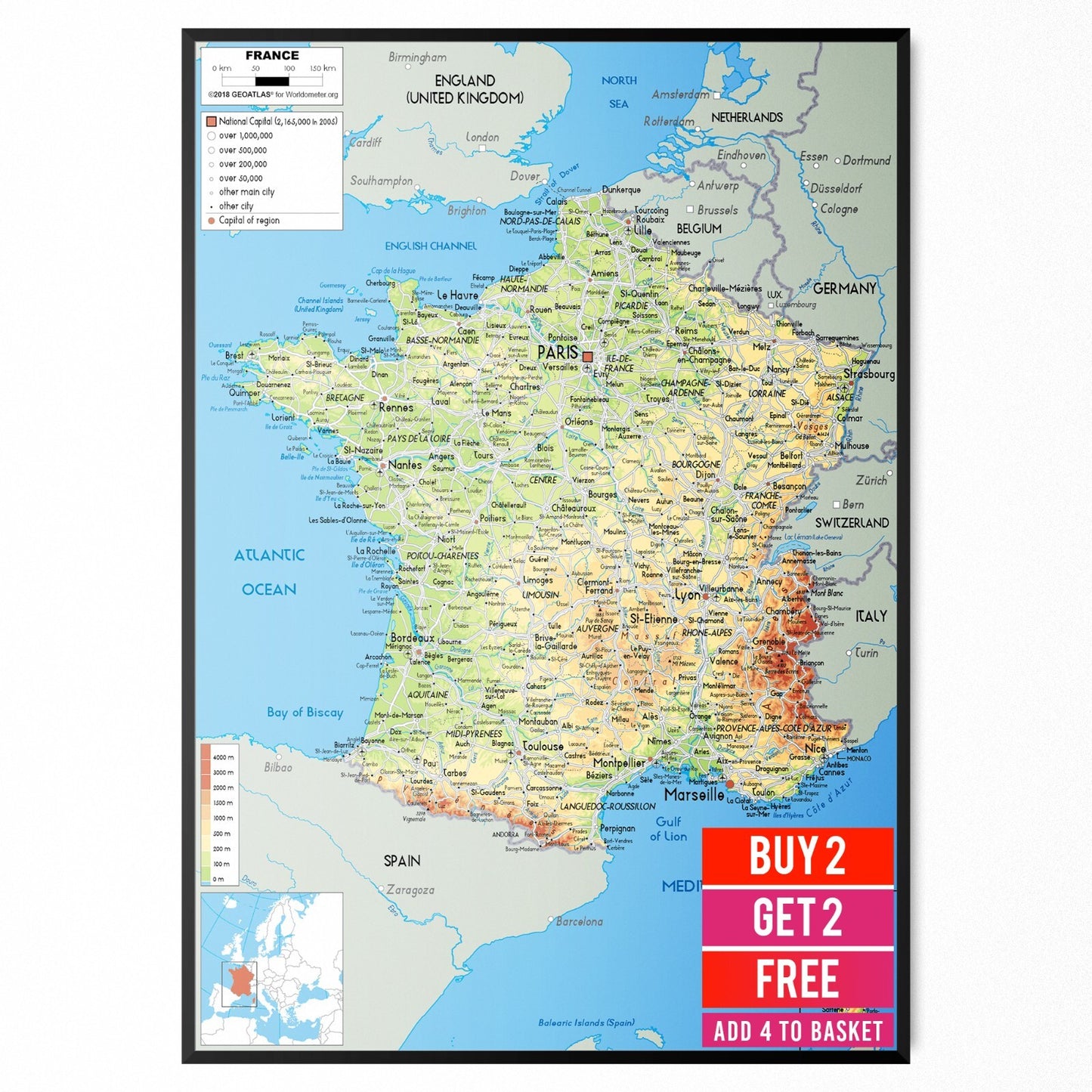 Map Of France Educational Poster Travel Tourism Physical Map Print - A5 A4 A3