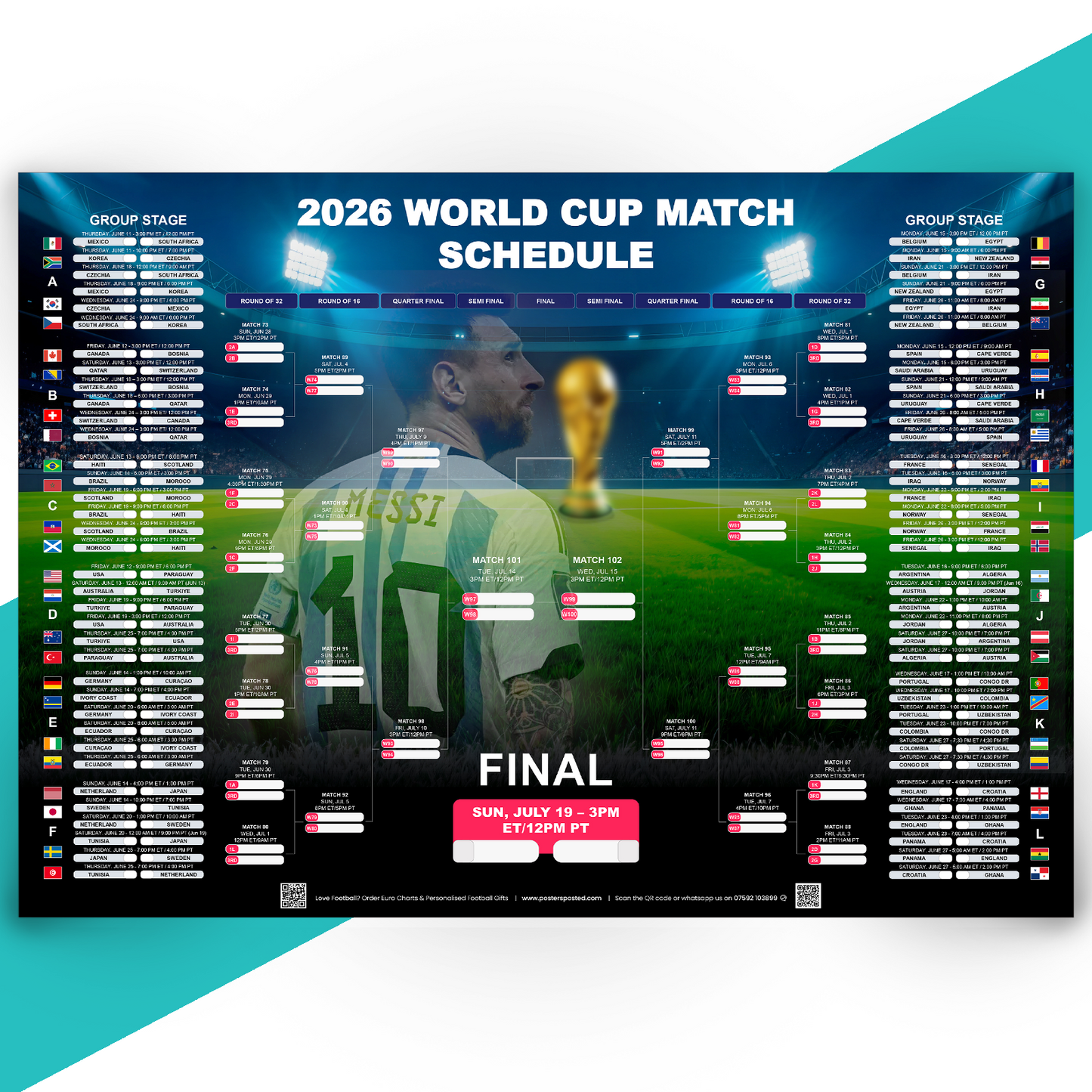 Football World Cup 2026 Poster Messi Edition Wall Chart + FREE A4 FLAG POSTER