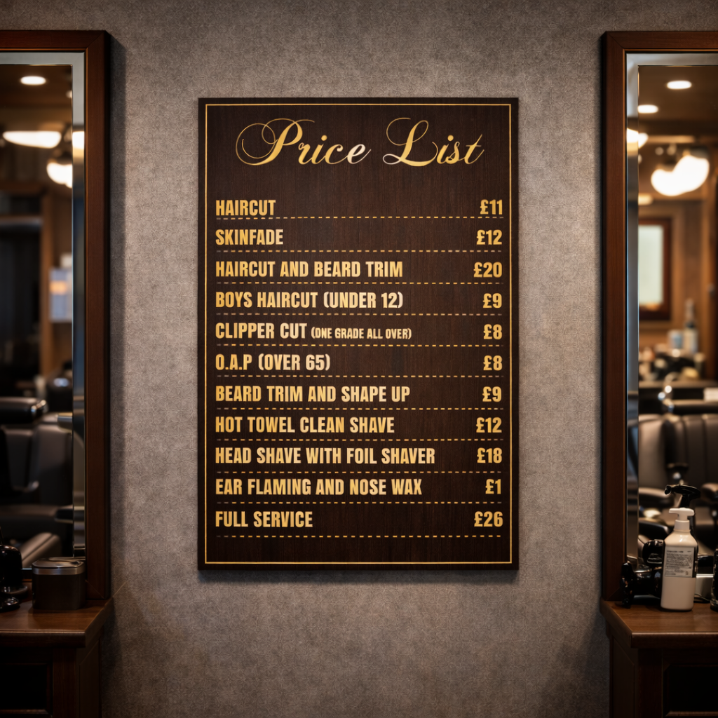 Barber Shop Price List Advertising Salon Sign Poster Indoor Sticker A5-A3