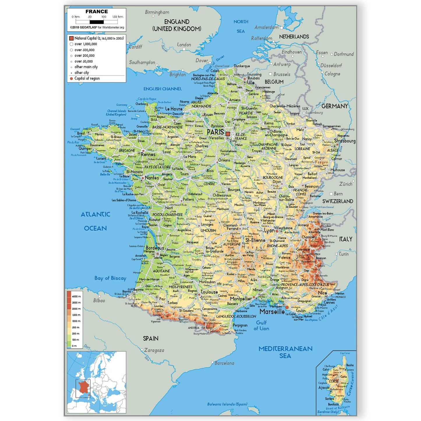 Map Of France Educational Poster Travel Tourism Physical Map Print - A5 A4 A3