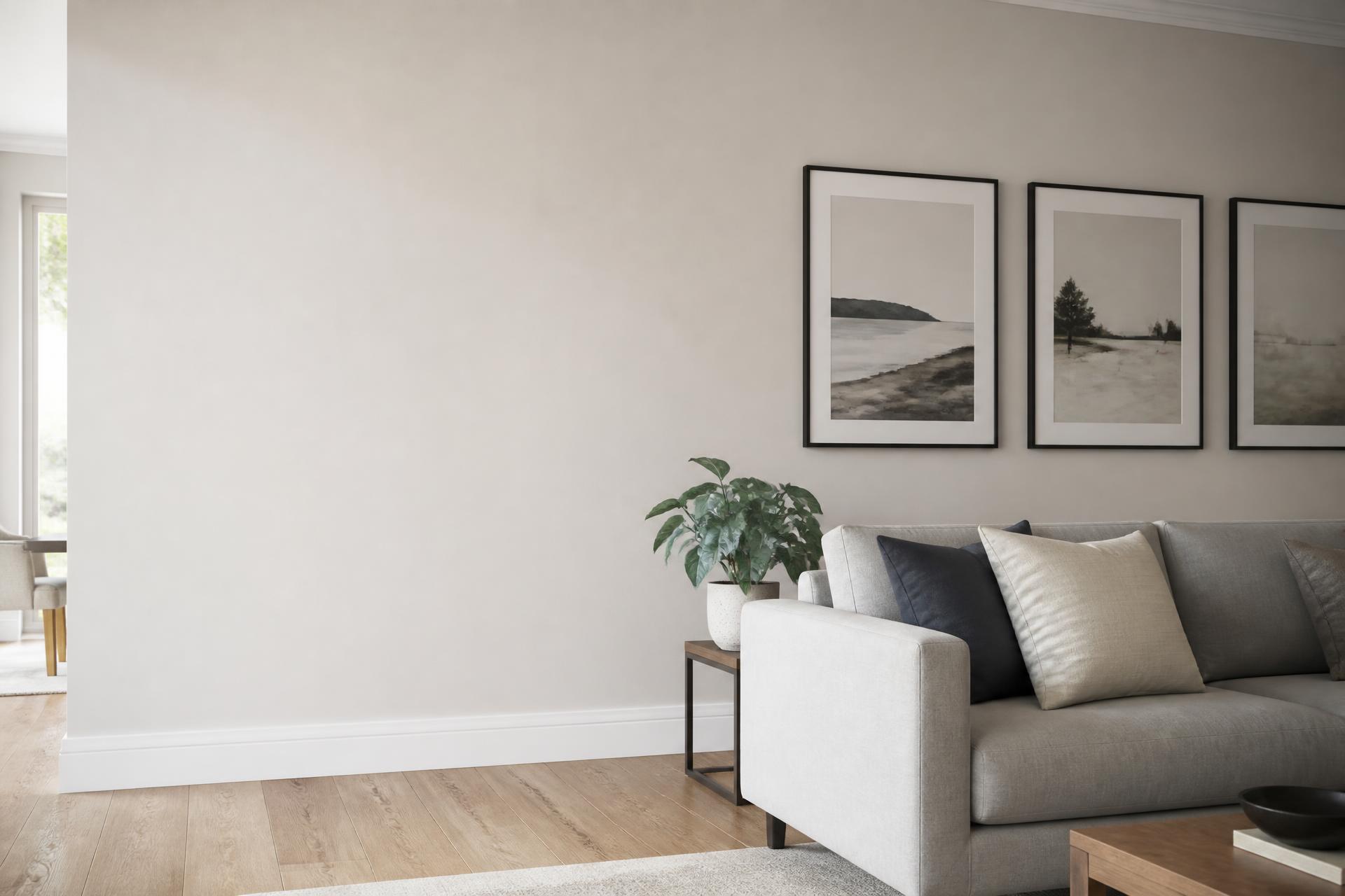 Framed posters hung above a sofa in a living room