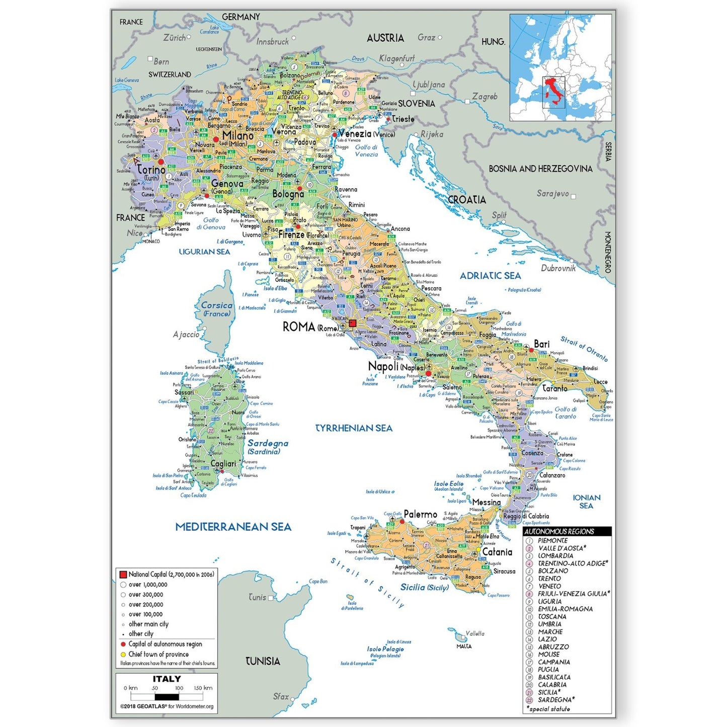 MAP OF ITALY POSTER EDUCATIONAL TRAVEL TOURISM PHYSICAL STYLE MAP POSTER - A5-A3