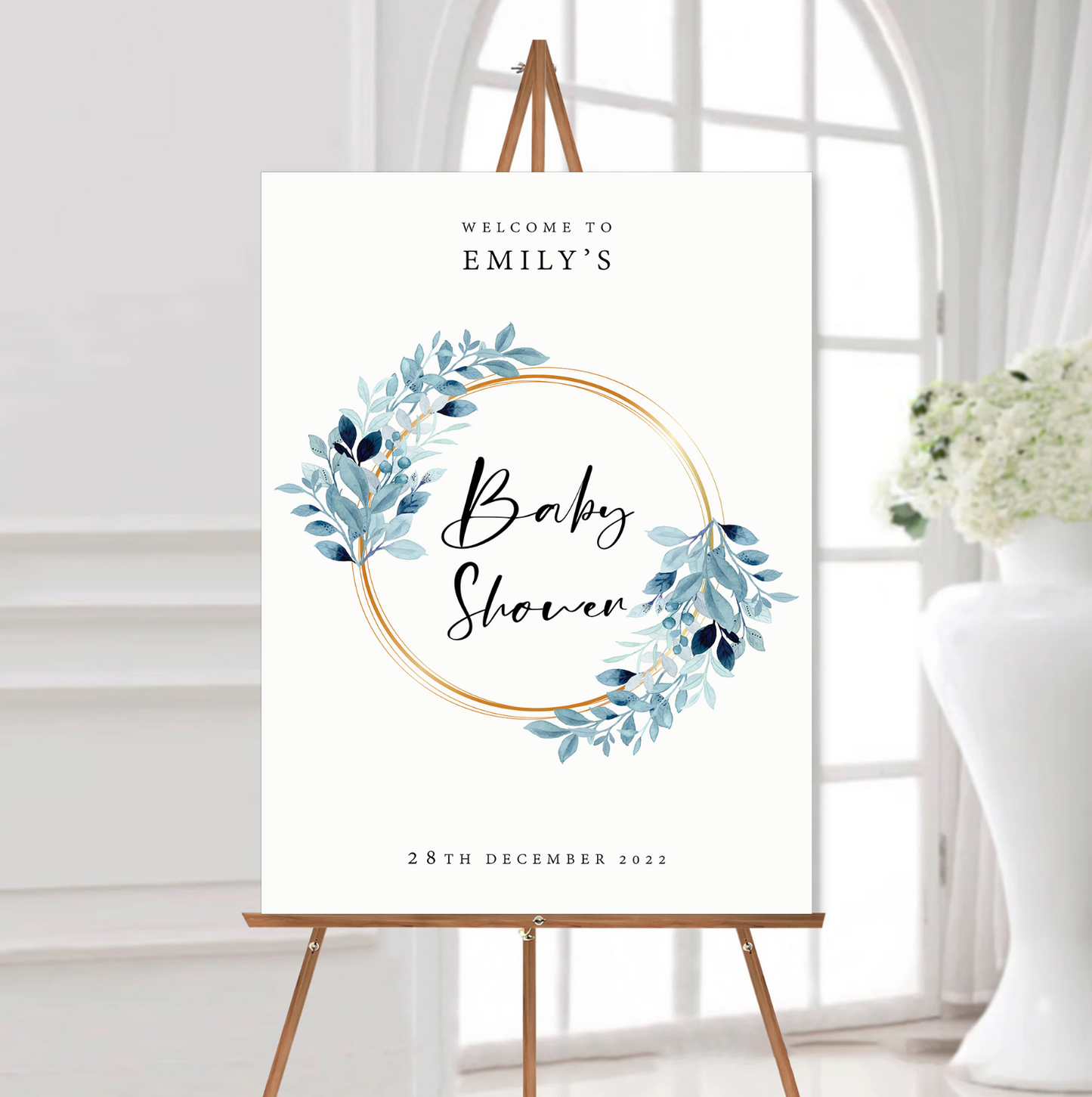 Baby Shower Welcome Party Sign Blue Foliage Floral Personalised Print A5 A4 A3