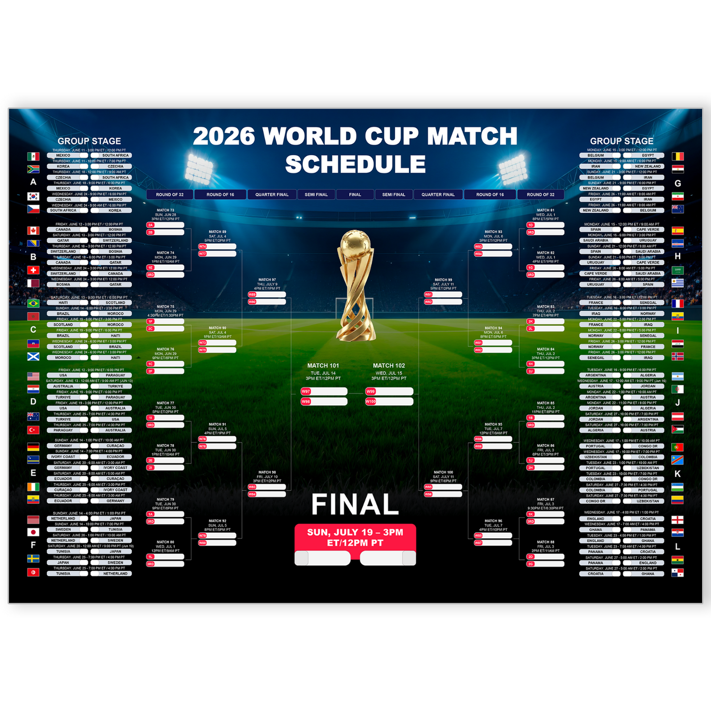 Football World Cup 2026 Poster World Cup Schedule Wall Char Large POSTER