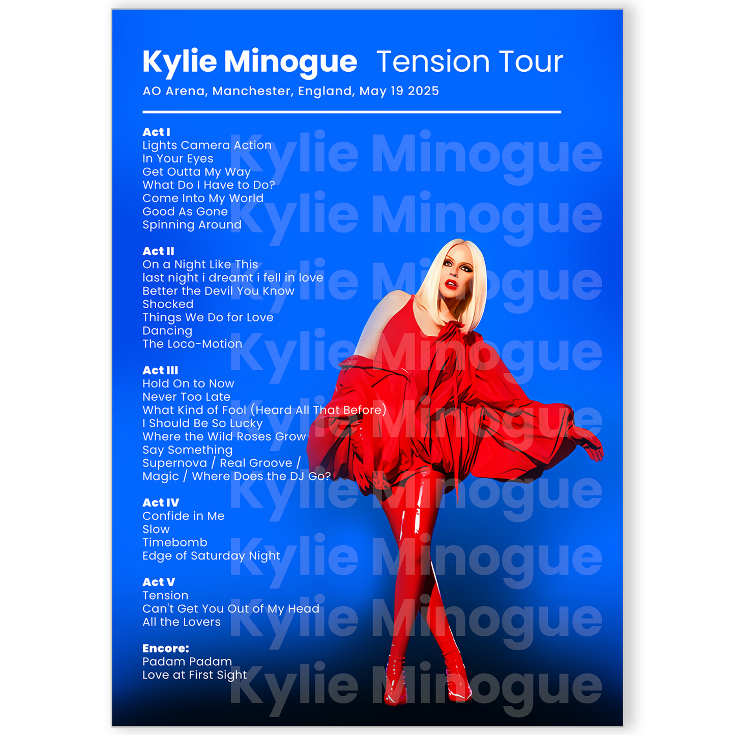 Kylie Minogue 2025 Tension Tour Setlist Poster UK Concert Fans A5-A3