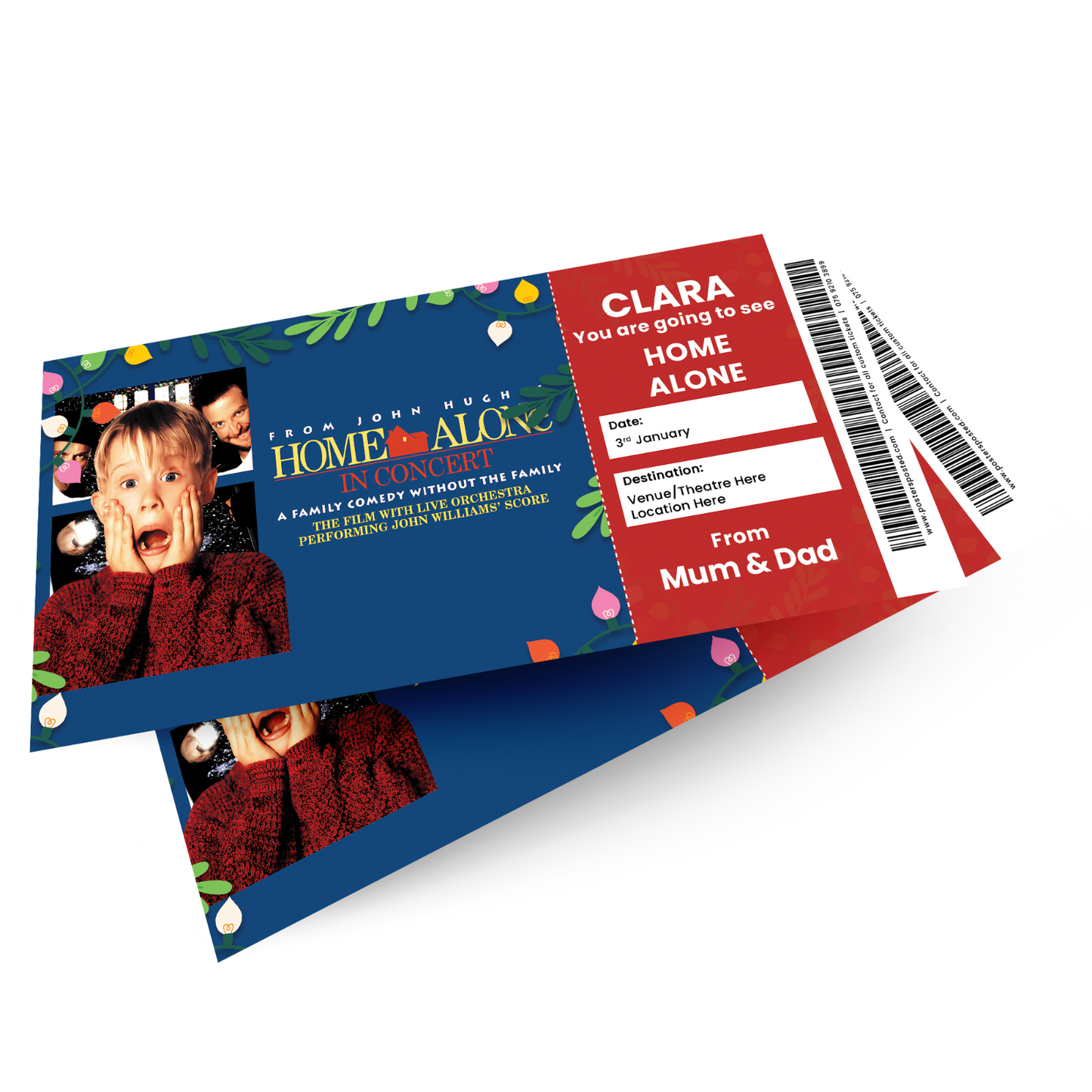 Home Alone In Concert Ticket Xmas Personalised Christmas Gift Keepsake Card