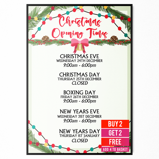 Christmas Opening Hours Poster Xmas 2025 Personalised Opening Times A5 A4 A3