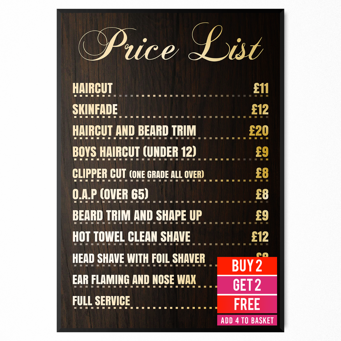 Barber Shop Salon Advertising Price List Sign Board Poster - A5 A4 A3