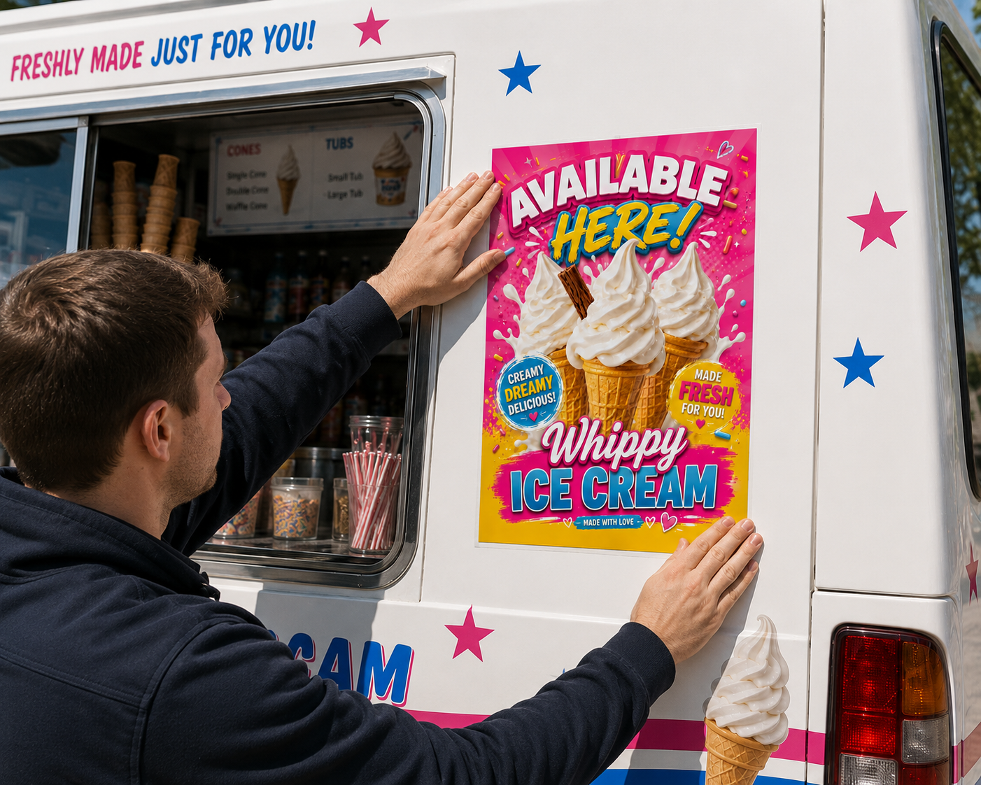 Ice Cream Sold Here Adhesive Print Vinyl window Mr Whippy Ice Cream Van Sign