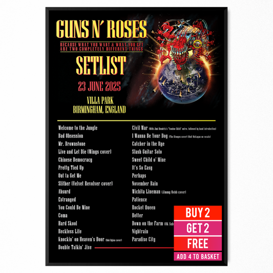 Guns N' Roses Birmingham 23 June 2025 Setlist Poster For Fans A5-A3
