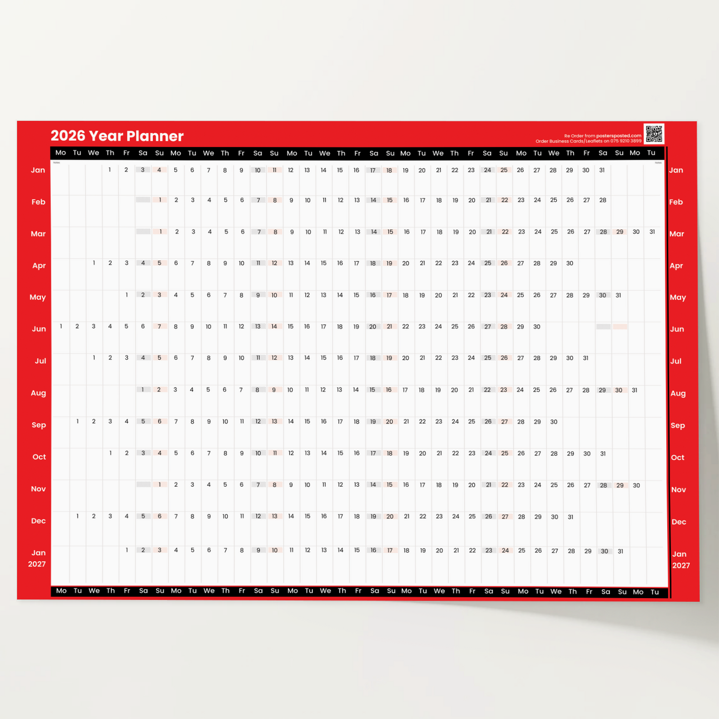 2026 A2 Size Full Year Wall Calendar Large Planner Home Office Work Jan-Dec