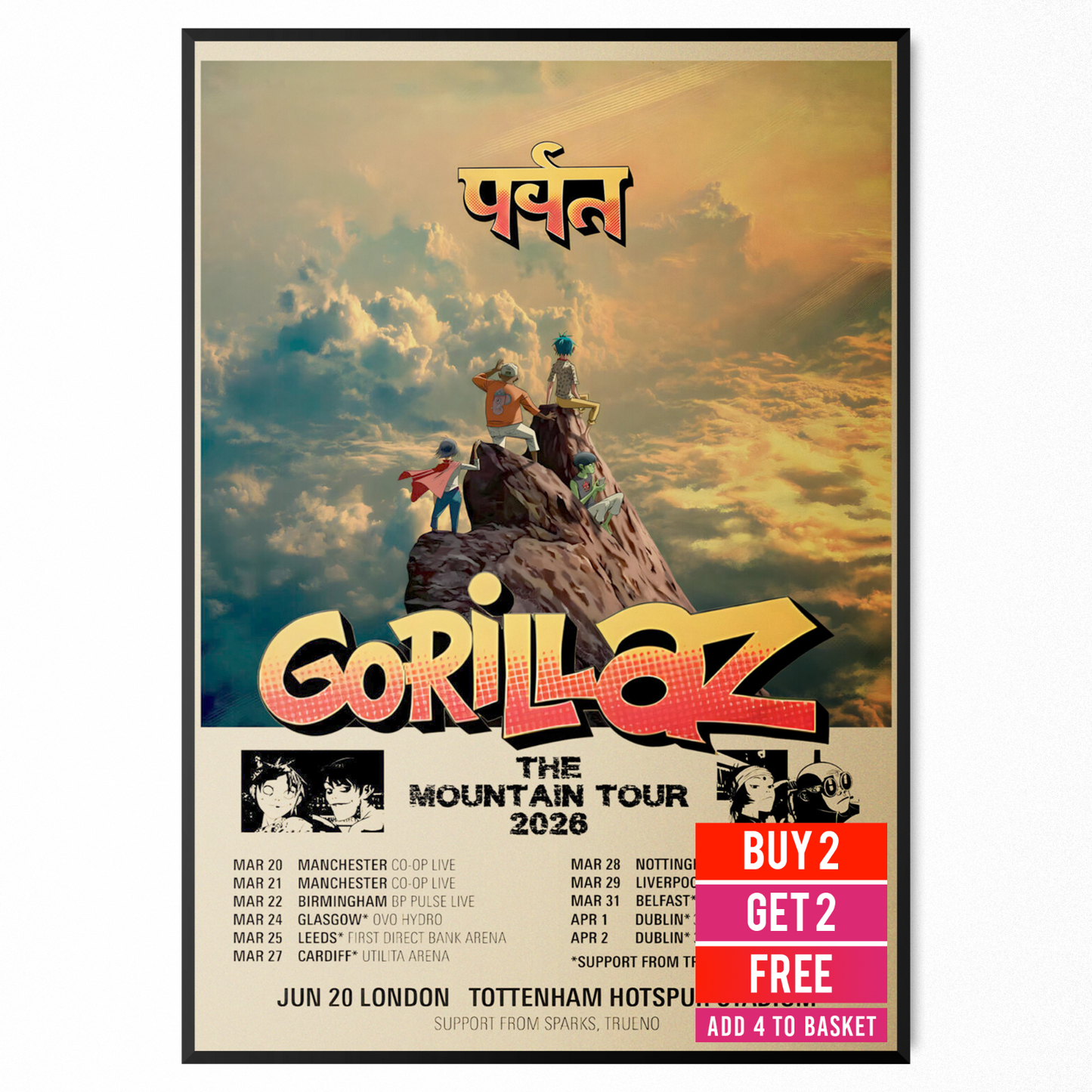 GORILLAZ THE MOUNTAIN TOUR POSTER  2026 Tour All UK Dates Poster Decor A5-A3