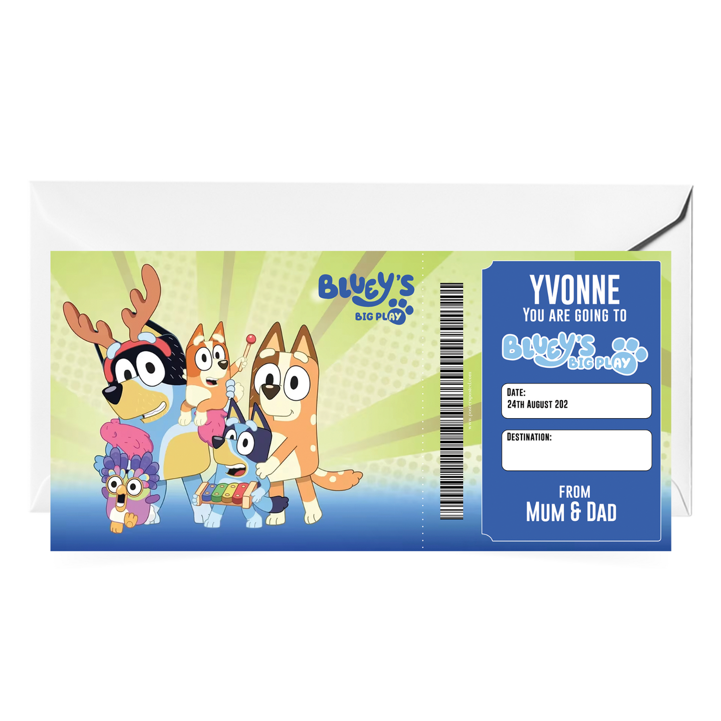 Bluey's Big Play Ticket Gift Theatre Christmas Xmas Personalised Gift Ticket