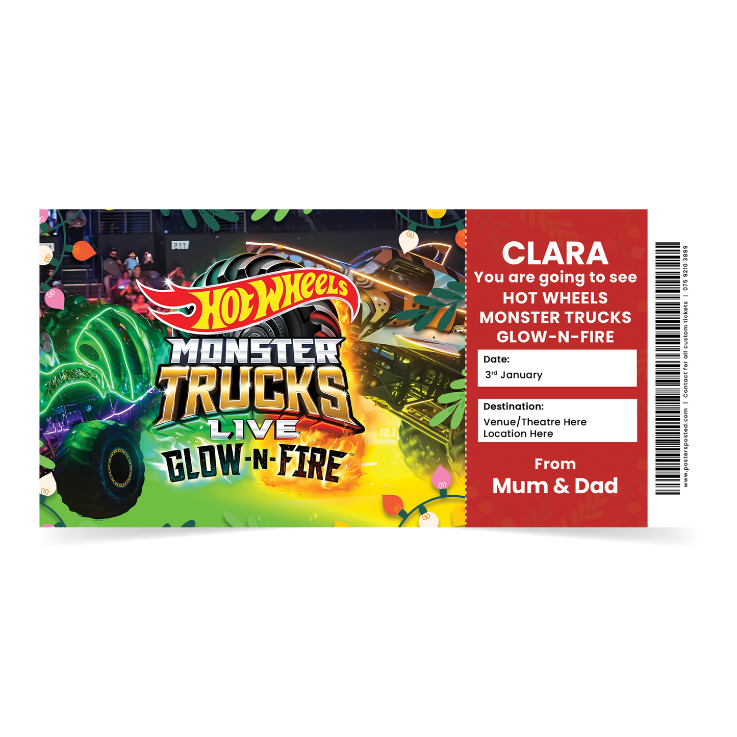 Hot Wheels Monster Truck Glow N Fire Ticket Personalised Christmas Gift Keepsake