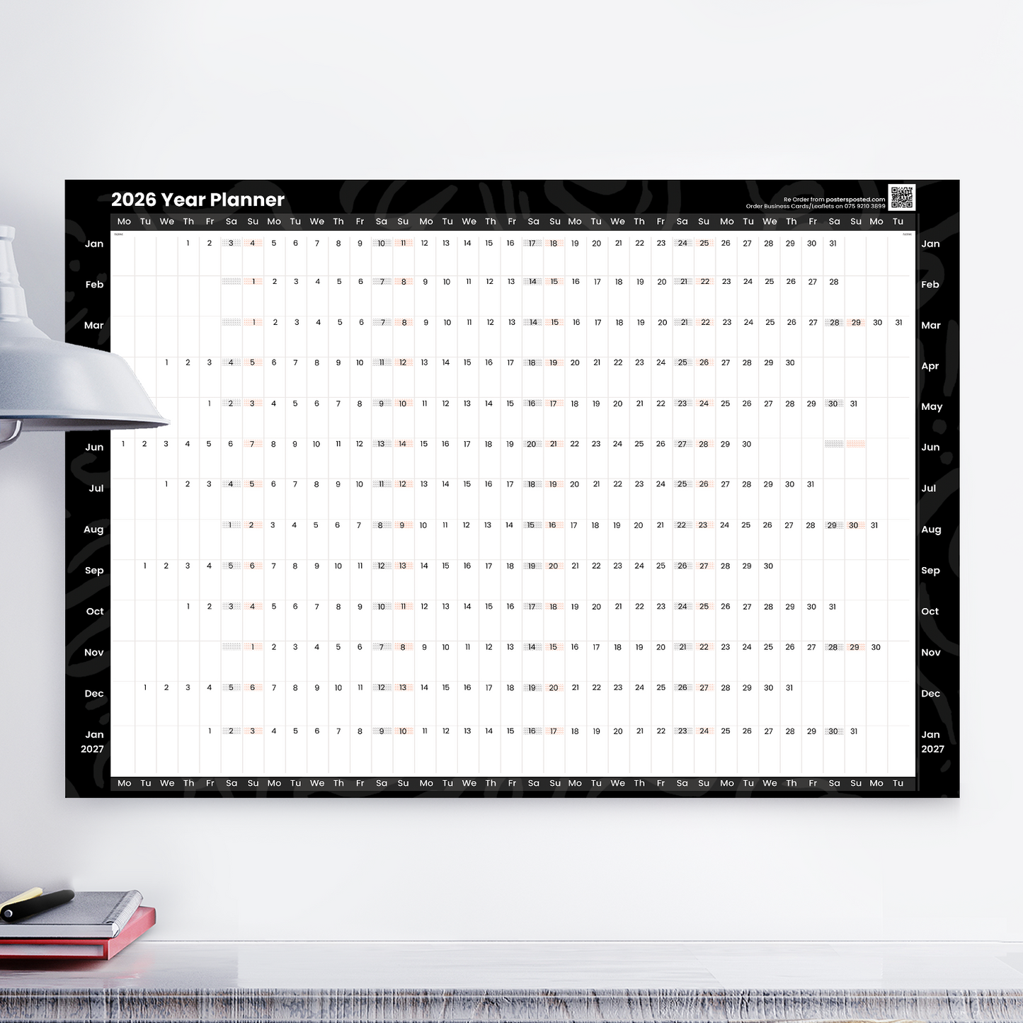 2026 Wall Planner Full Year Calendar Black Planner For Home Office Jan-Dec A5-A1