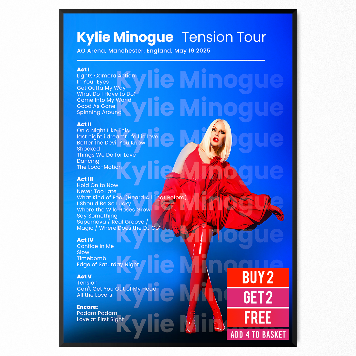 Kylie Minogue 2025 Tension Tour Setlist Poster UK Concert Fans A5-A3