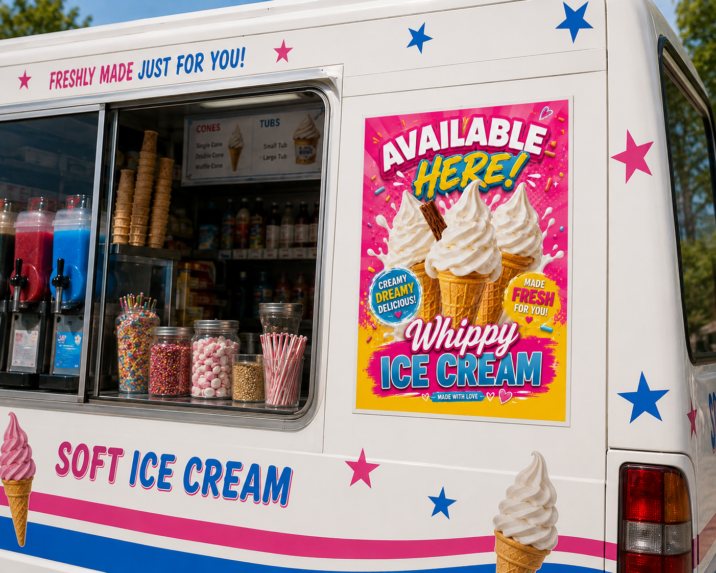 Ice Cream Sold Here Adhesive Print Vinyl window Mr Whippy Ice Cream Van Sign