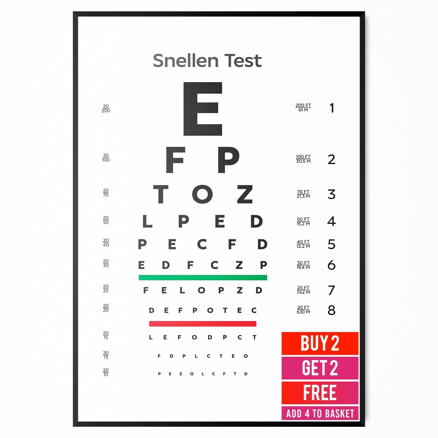 Snellen Eye Chart Optician Glasses Test Opticians poster print A5 A4 A3