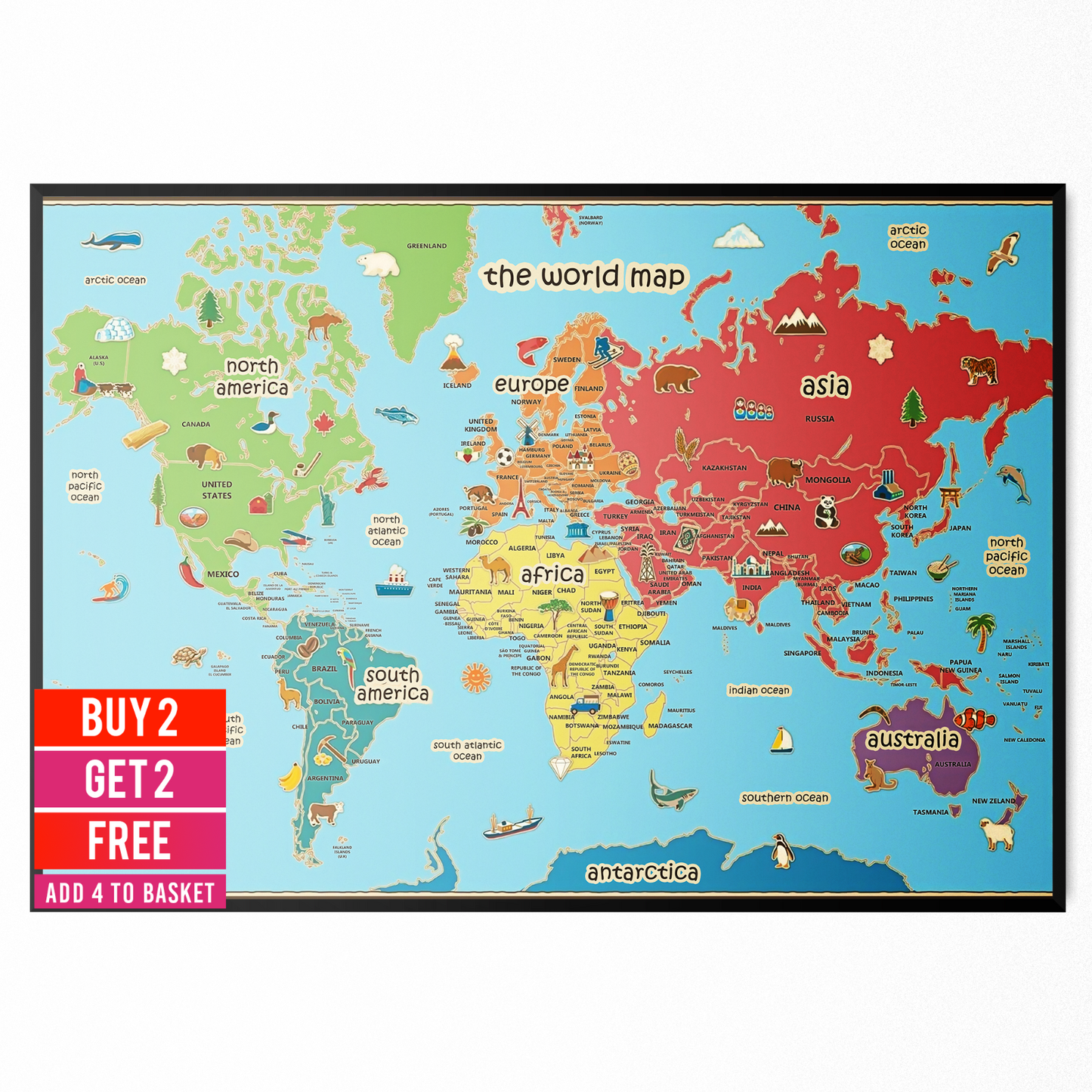 World Map Poster Kids Animal Map Colourful Educational Wall Poster A5-A3