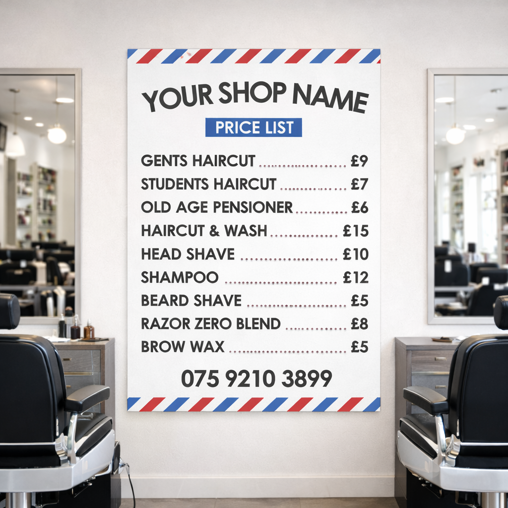 Barber Shop Price Salon List Advertising Prices Poster Indoor Sticker A5-A3