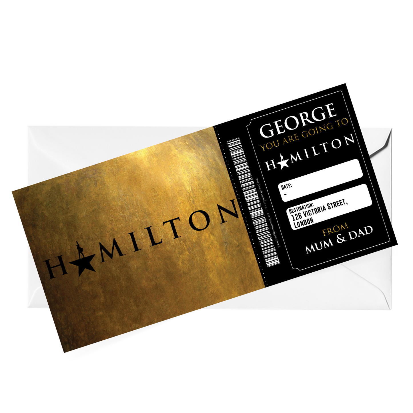 HAMILTON Musical Theatre Ticket Personalised Gift Surprise Hamilton Voucher