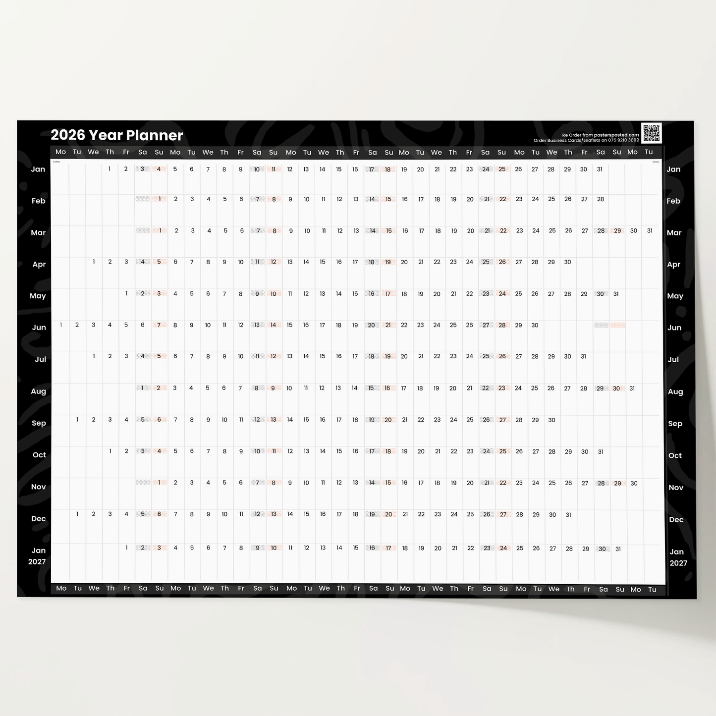 2026 Wall Planner Full Year Calendar Black Planner For Home Office Jan-Dec A5-A1