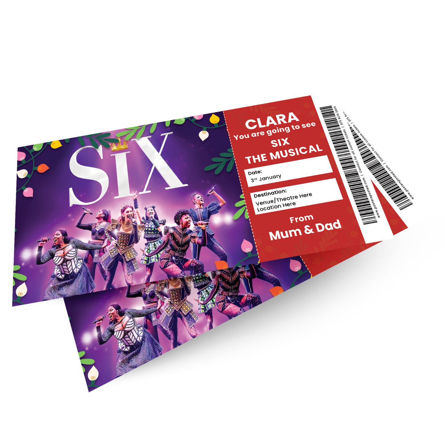 Six The Musical Ticket Christmas Xmas Gift Ticket Personalised Keepsake Card