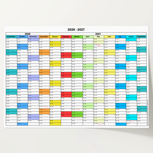 2026 -2027 Academic Wall Planner Colourful Full Year Calendar Home Office Work