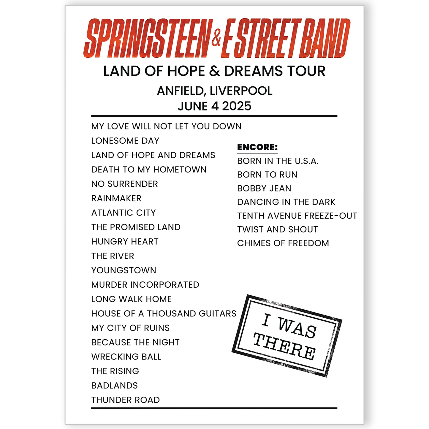 Bruce Springsteen 2025 Liverpool Setlist Poster Anfield Live UK Arena Tour A5-A3