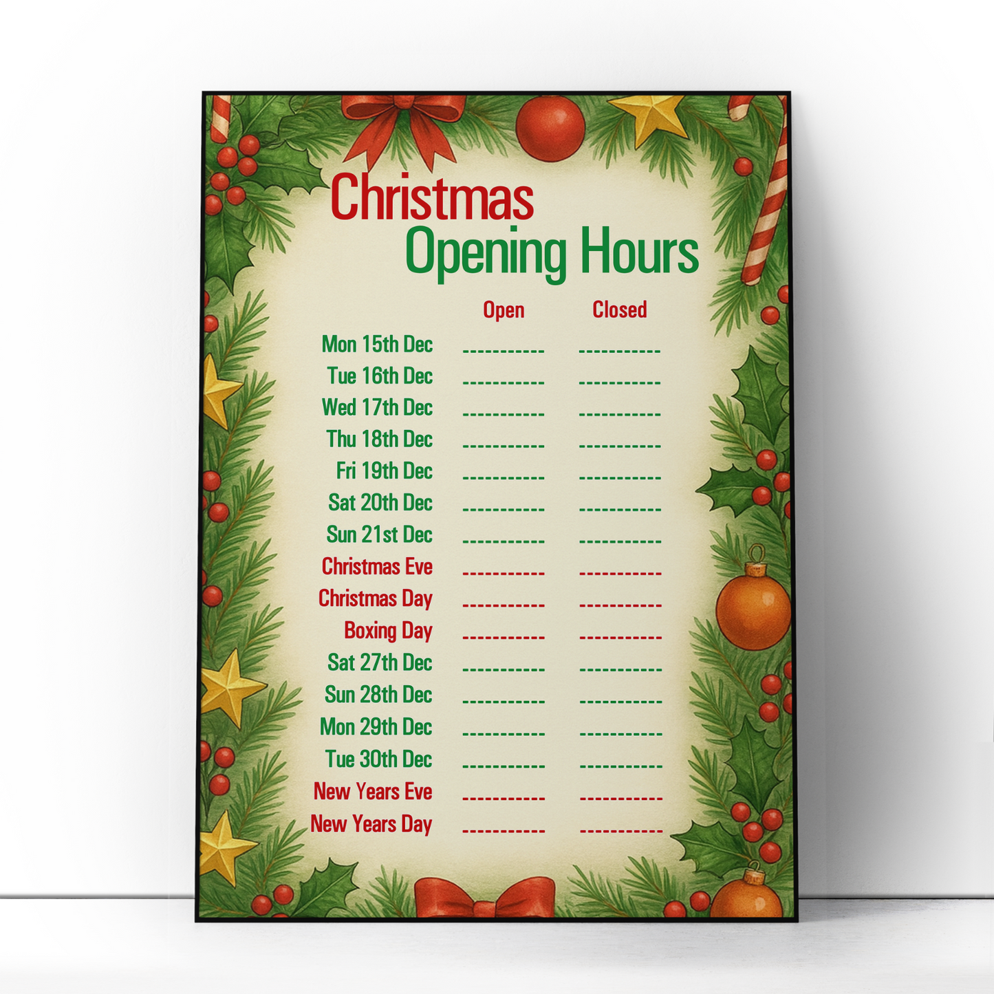Christmas Shop Opening Times And Hours Poster Notice Sign Christmas New Year