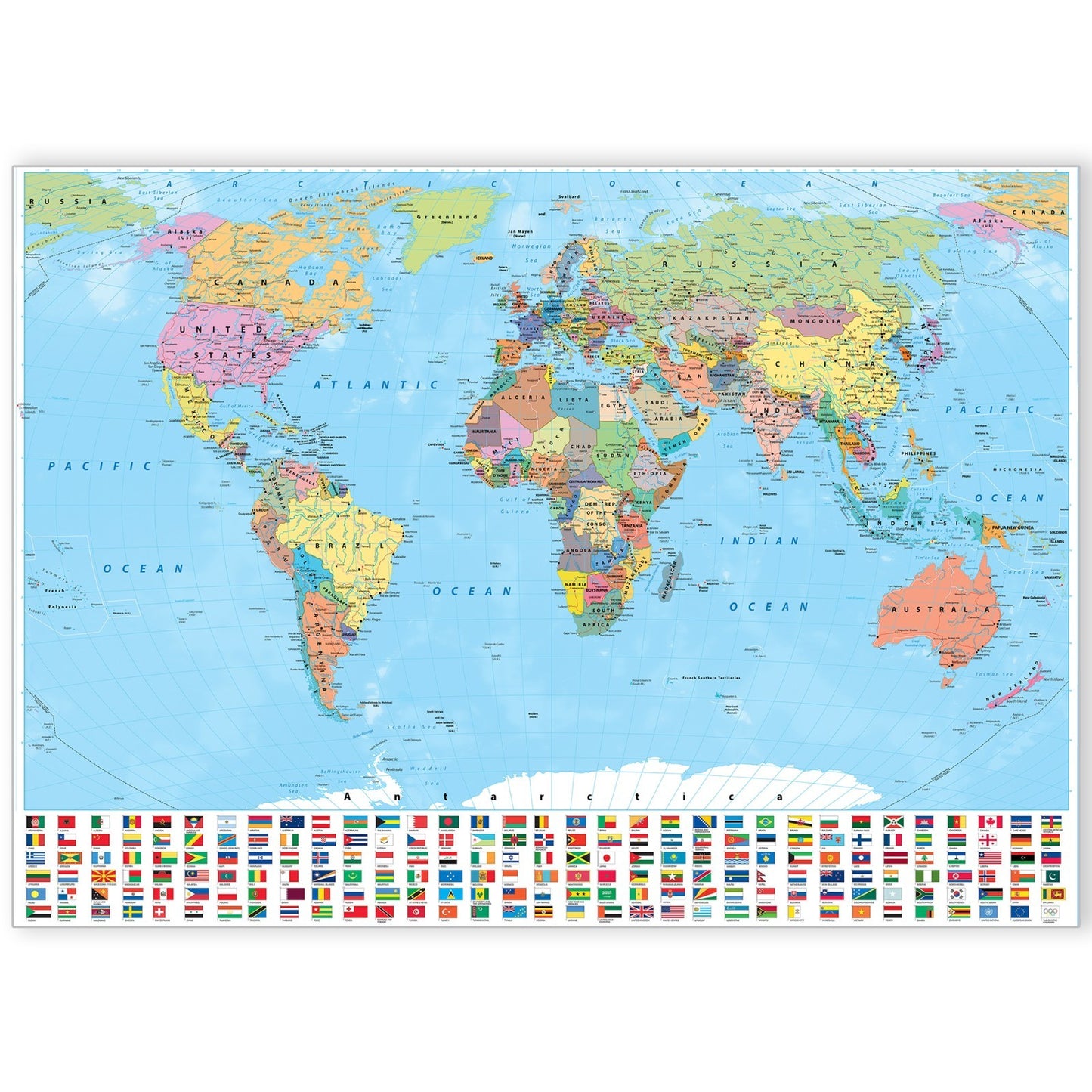 Map Of The World Wall Poster With Flags Classroom Geography Gift Print A5-A3
