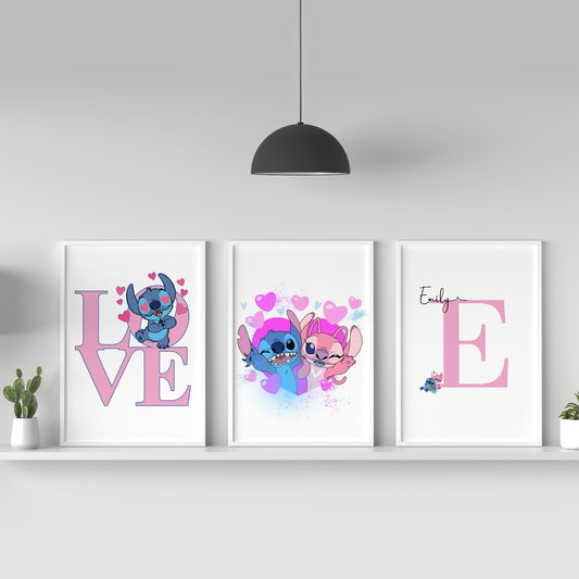 Set Of 3 Personalised Disney Lilo And Stitch Poster Wall Art Print Girl Gift