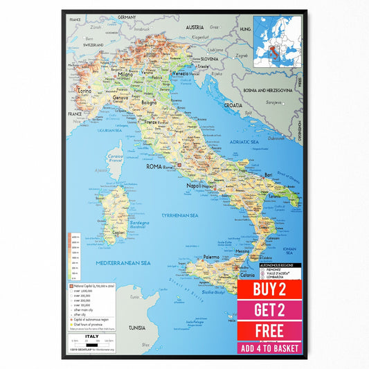 MAP OF ITALY POSTER EDUCATIONAL TRAVEL TOURISM PHYSICAL STYLE MAP POSTER - A5-A3