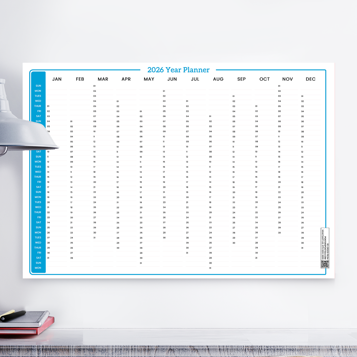 2026 Wall Planner Full Year Blue Calendar Home Office Work JAN - DEC A5 A4 A3