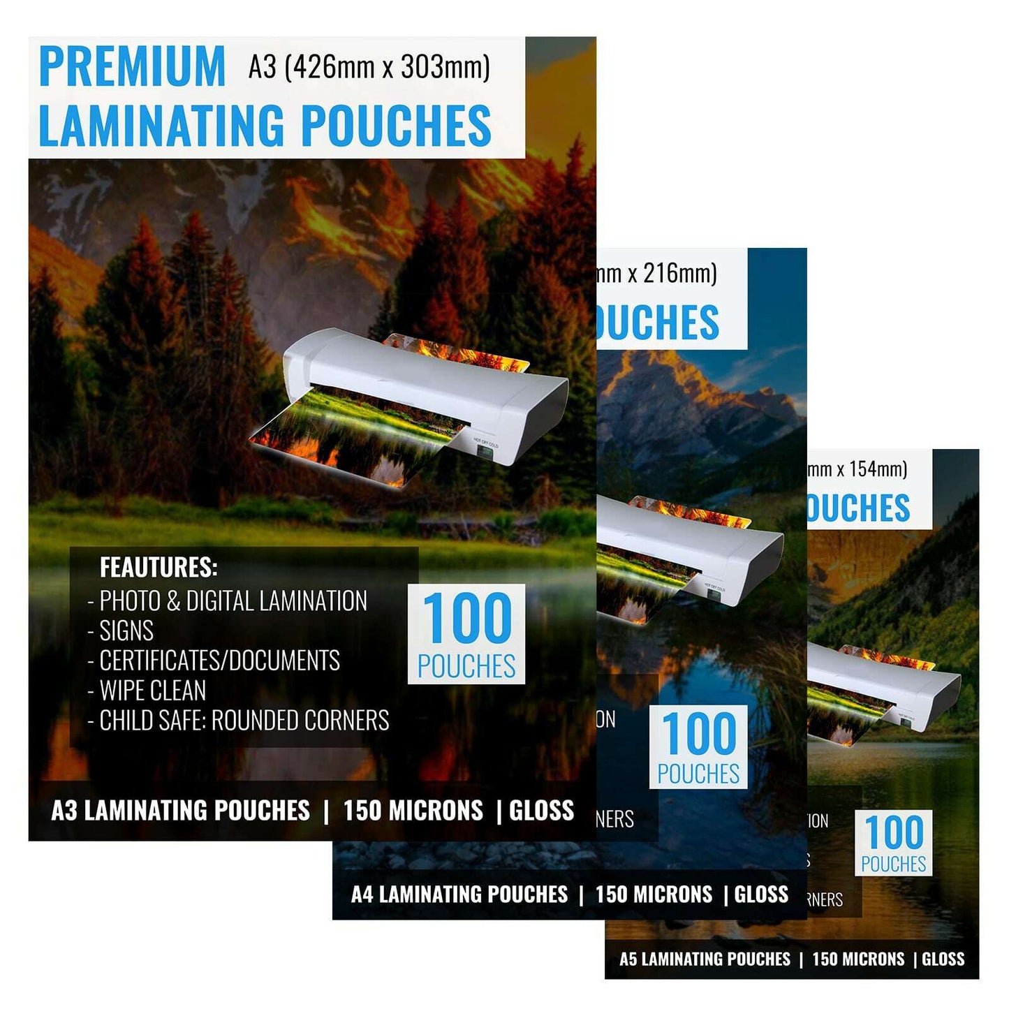 Laminating Pouches 150 Micron Gloss Pack Laminator Sheets A4 A3 A5 Pouches