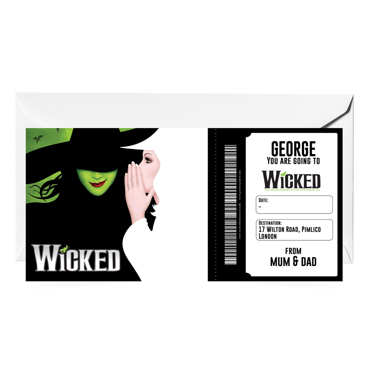 WICKED Musical Theatre Ticket Personalised Gift Surprise Event Voucher