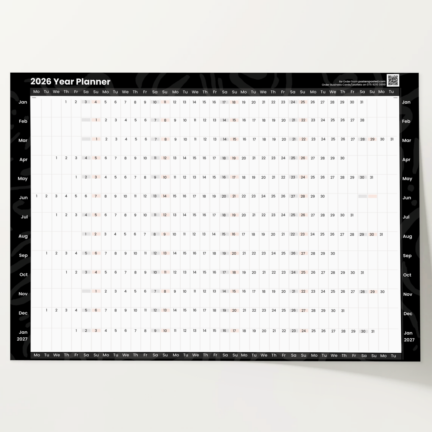 2026 Full Year Wall Planner Calendar Home Office Work Black A5 A4 A3 Calendar