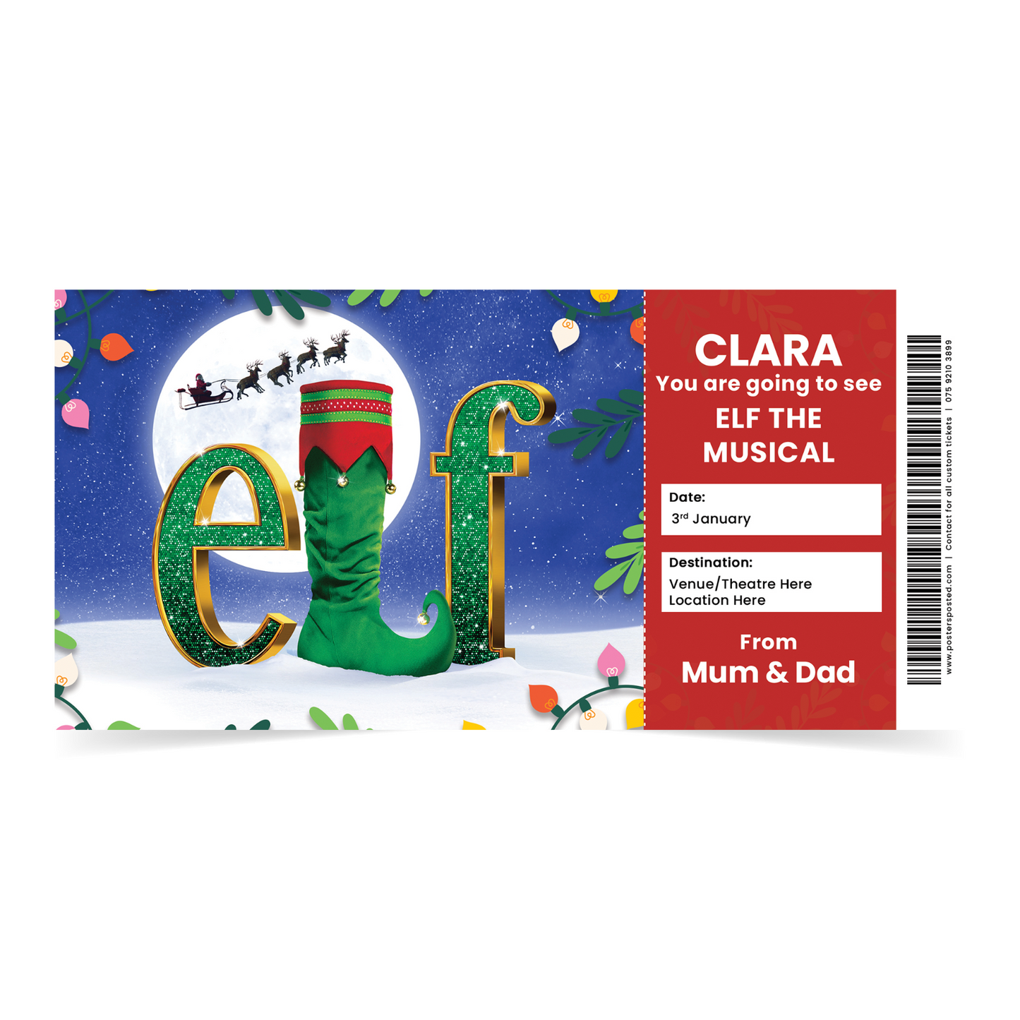 Elf The Musical Gift Ticket Personalised Present Christmas Gift Reveal Ticket