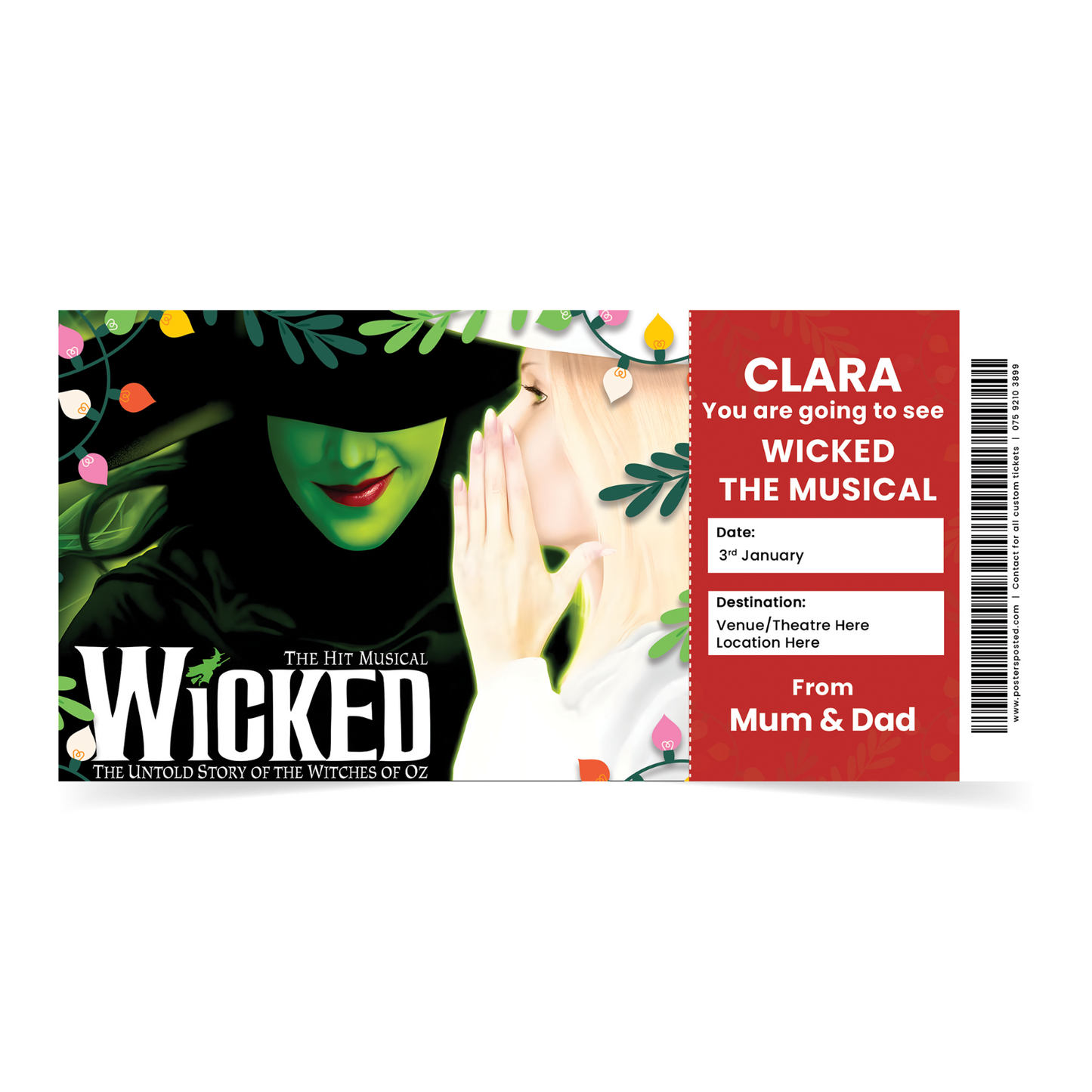 Wicked The Musical Theatre Ticket Xmas Personalised Christmas Gift Keepsake Card