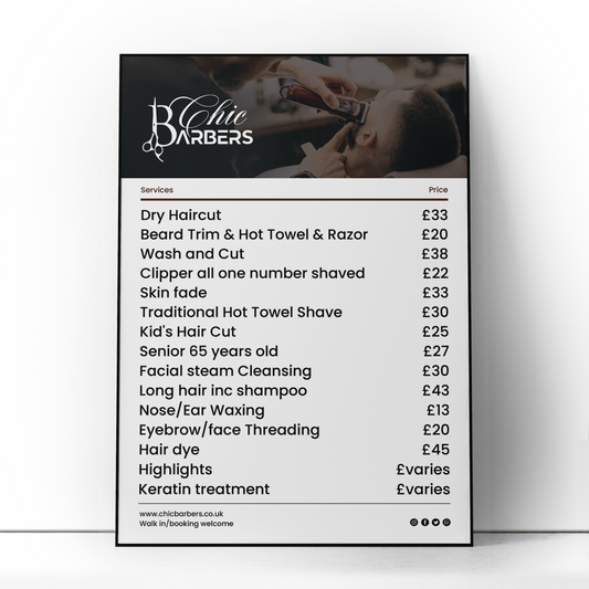 Barber Shop Salon Advertising Board Poster Price List Sign  A5 A4 A3