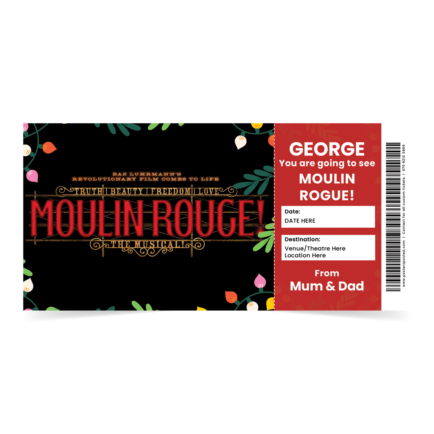 Moulin Rogue! Ticket Theatre Gift Xmas Christmas Personalised Gift Card Ticket