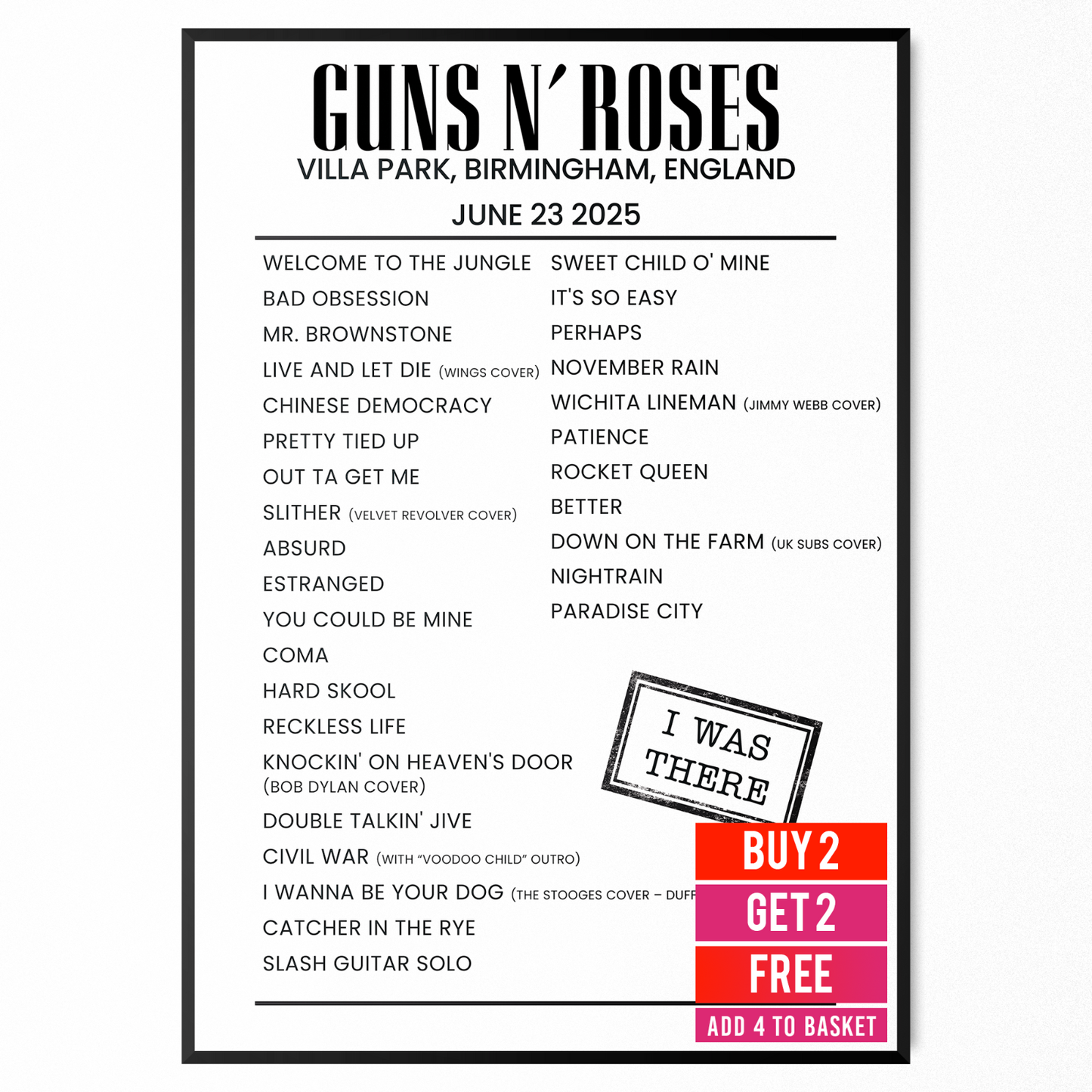 Guns N' Roses Setlist Poster 23 June UK Tour Concert Fan Print A5-A3