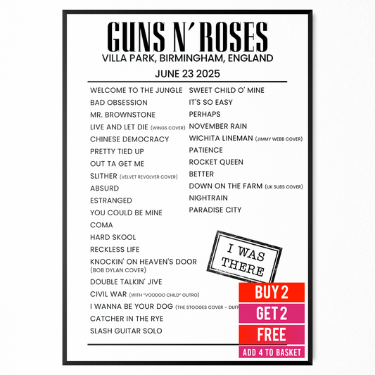 Guns N' Roses Setlist Poster 23 June UK Tour Concert Fan Print A5-A3