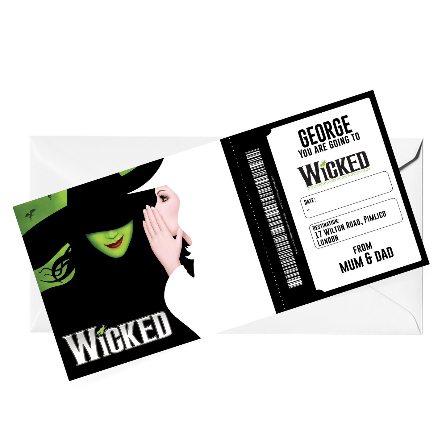 WICKED Musical Theatre Ticket Personalised Gift Surprise Event Voucher
